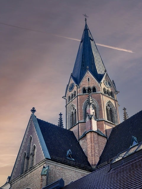monastery, ottilien, bavaria, germany, bell tower, church, clouds, shingles, brick, architecture, nature, building, facade, structure, cathedral, design, high, heaven, contrails