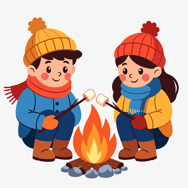 Free campfire scene winter camping roasting marshmallows illustration