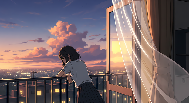 Lofi, Anime Meisje, Balkon