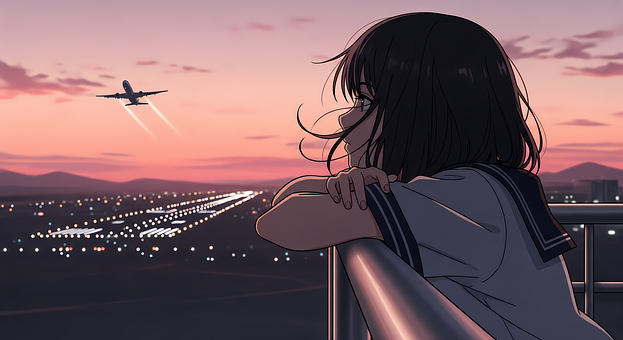 Lofi, Anime, Zonsondergang, Vliegtuig