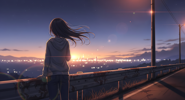 Anime, Natuur, Meisje, Zonsondergang