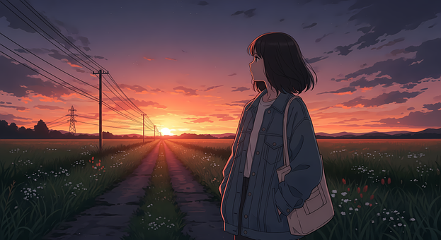 Lofi, Anime, Zonsondergang, Natuur, Veld