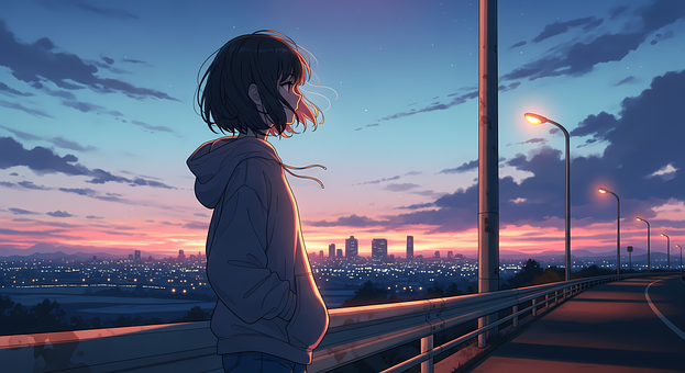 Lofi, Anime, Stadslichten, Zonsondergang