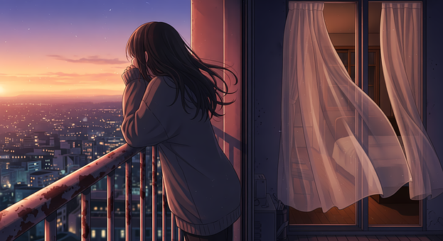 Lofi, Anime, Balkon, Zonsondergang