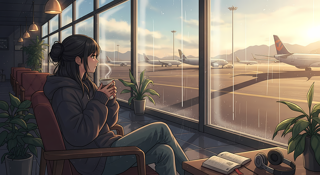 Anime, Meisje, Luchthaven, Kopje