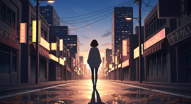 Anime, Stad, Straat, Zonsondergang