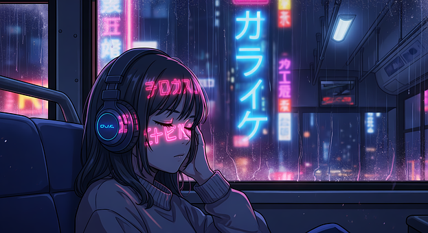 Anime, Meisje, Koptelefoon, Bus