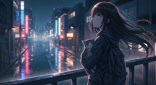Anime, Meisje, Kat, Regen, Nachtstad