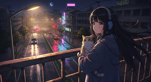 Anime Meisje, Koptelefoon, Nachtstad