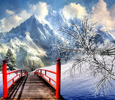 Winter, Brücke, Schnee, Bäume