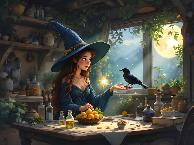 Free little witch bird cured illustration