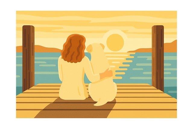 Zonsondergang, Vrouw, Hond, Pier, Meer