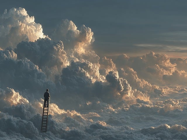 Free man ladder clouds illustration