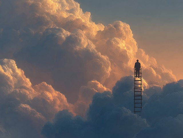 Free man ladder clouds illustration