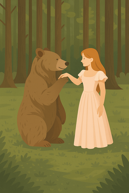 Free fairytale illustration girl and bear forest art vector