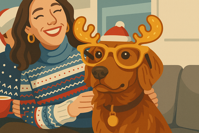Free christmas illustration woman and dog reindeer dog vector