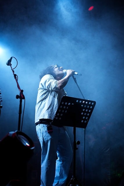 Singer, microphone, stage lights and smoke — photo by Chandrak