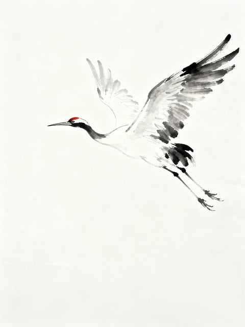 Free flying bird red-crowned crane chinese ink painting illustration
