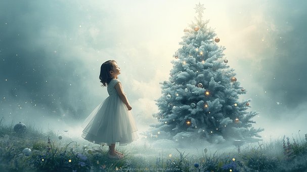 Jul, Træ, Pige, Sne, Ornament, Fantasi