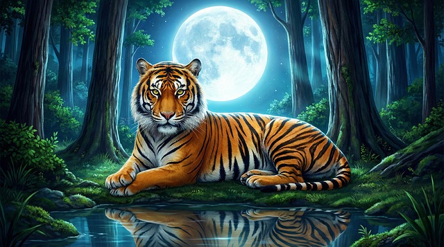 Free tiger moon night illustration