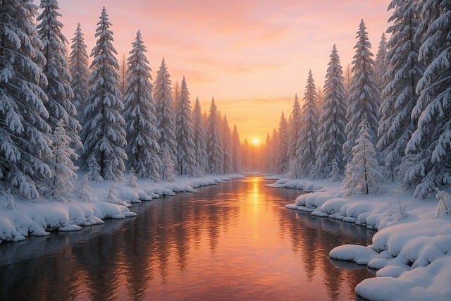Free winter forest sunset snowy illustration