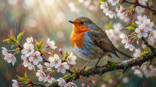 Free european robin spring blossoms digital painting illustration
