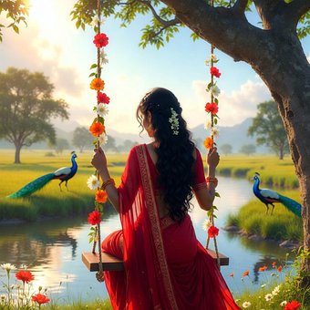 Free Red Saree Woman On Swing illustration and picture