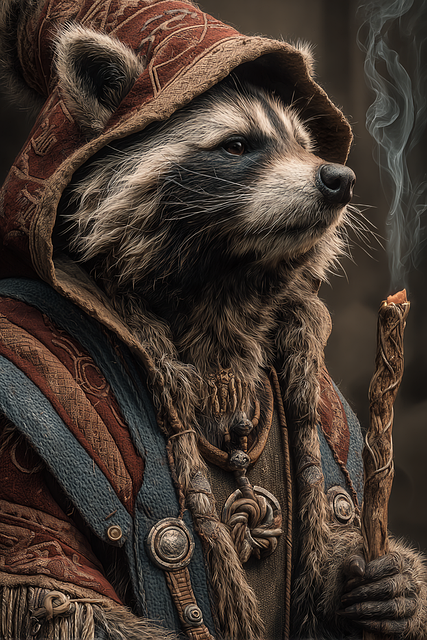 Free raccoon shaman fantasy illustration