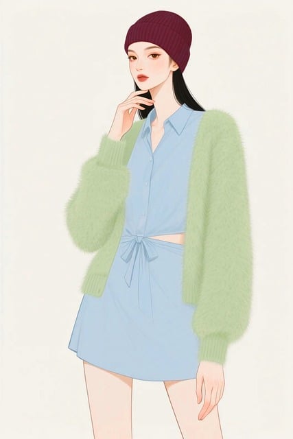 Free fashion illustration winter outfit green cardigan illustration