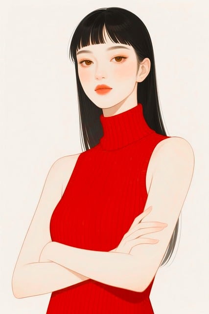 Free red turtleneck sleeveless knit long black hair illustration
