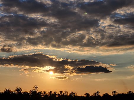 Zonsondergang, Palmbomen, Wolken