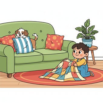Hvalp, Hund, Legetid, Sofa, Tæppe, Dreng
