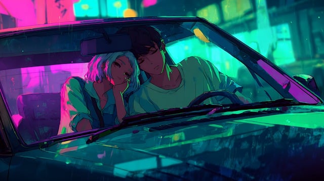 Free couple car night illustration