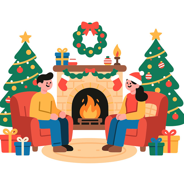 Free family by fireplace cozy christmas holiday living room illustration