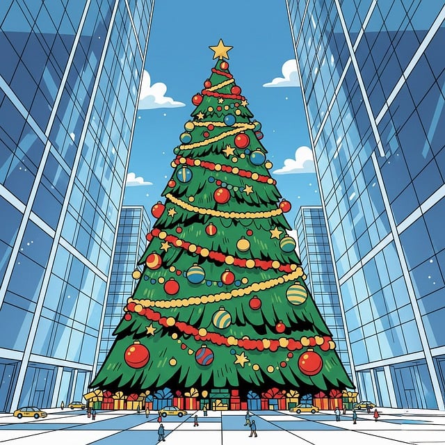 Free giant christmas tree skyscraper size tree city skyline illustration