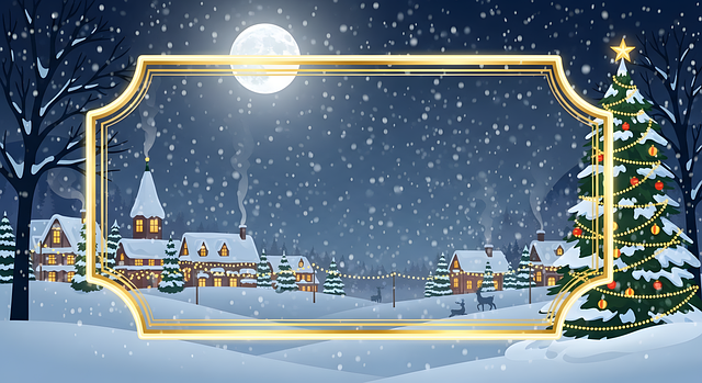 Free christmas village winter wonderland golden frame illustration
