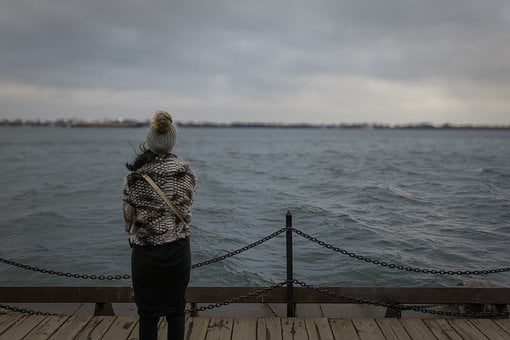 Frau, Meer, Launisch, Winter, Einsam