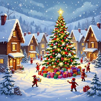 Pueblo Navideño, Árbol De Navidad, Nieve