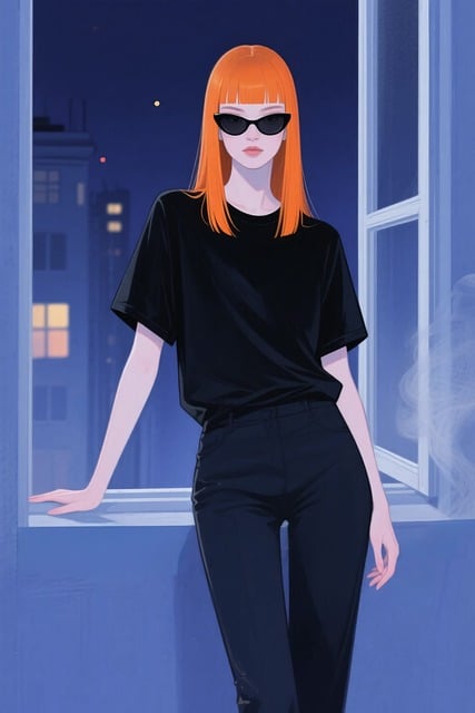 Free night scene window orange hair illustration
