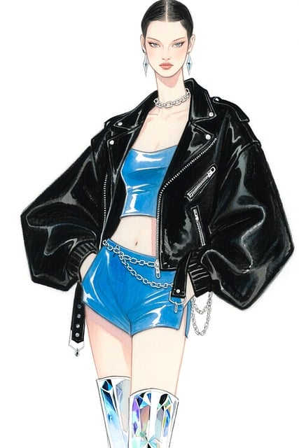 Free black biker jacket blue set outfit shorts illustration