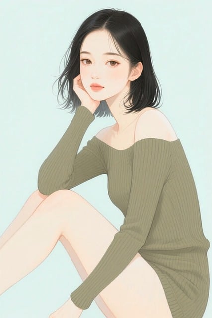 Free girl off shoulder ribbed knit dress illustration