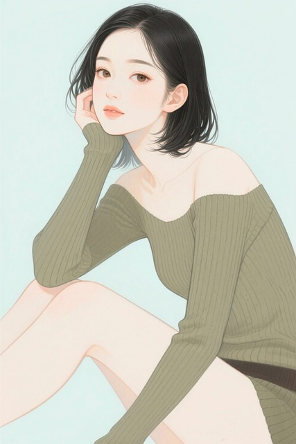 Free girl off shoulder ribbed knit dress illustration