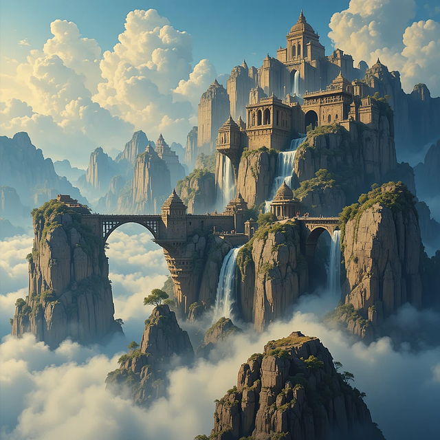 Free ancient civilization floating cliffs sky bridge illustration