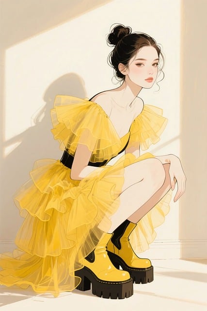 Free fashion illustration elegant woman yellow dress illustration