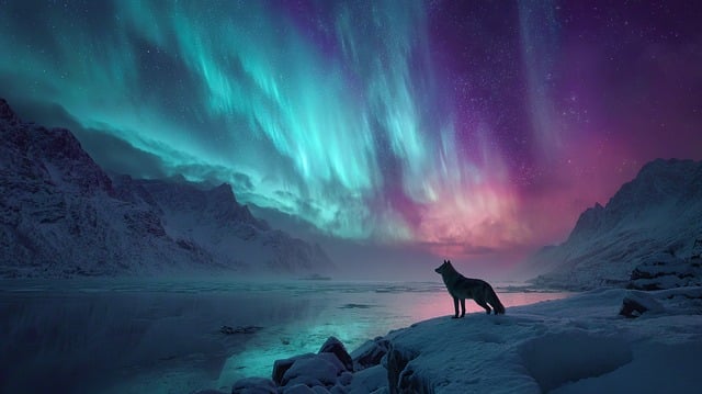 Free aurora borealis wolf silhouette night sky illustration