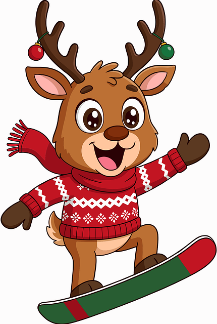 Free cute reindeer snowboarding christmas reindeer cartoon festive animal illustration illustration