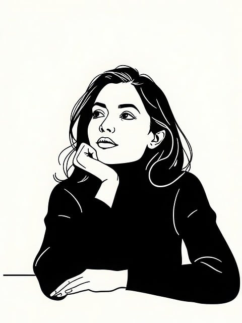 Vrouw, Peinzend, Tafel, Schetsen, Zwart