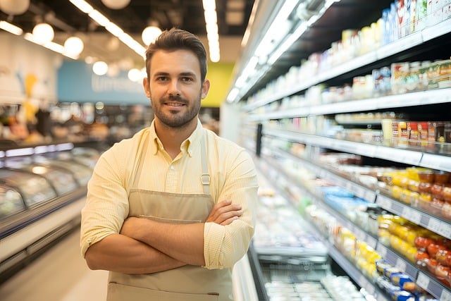 Free grocery store male employee refrigerated display illustration