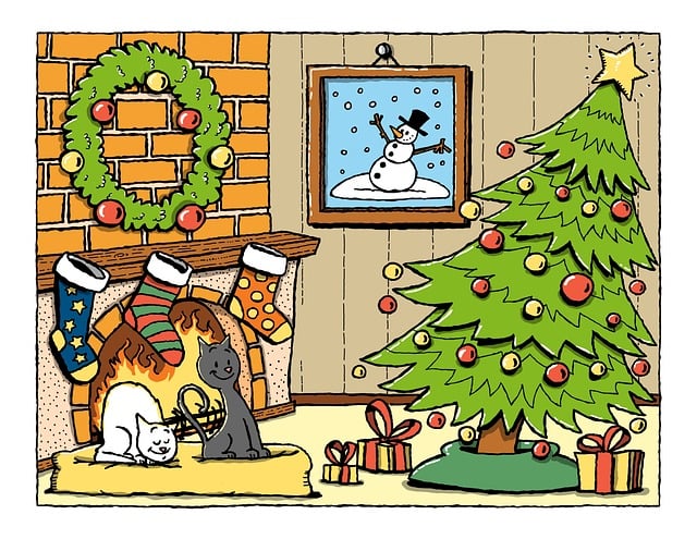 living room, home, christmas, nature, season, cats, tree, ornaments, fireplace, cartoon