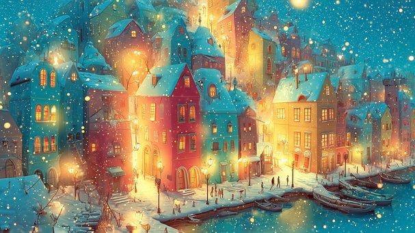 Stadt, Weihnachten, Hafen, Stadt, Dorf